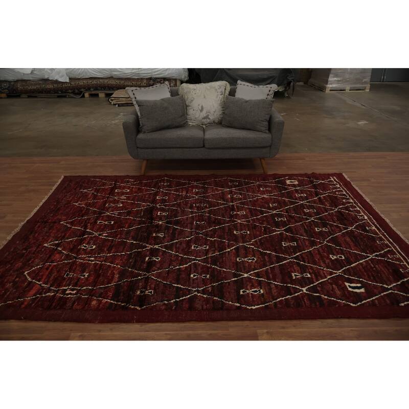 Hand Knotted Oriental 100% Wool Carpet Modern Geometric Red Moroccan Area Rug - 9' 11'' X 6' 10''