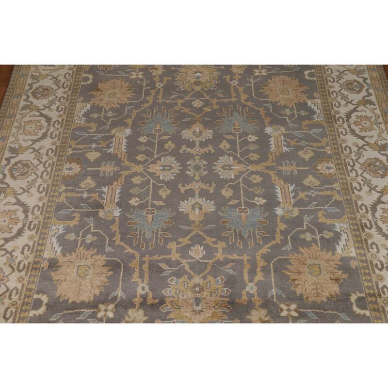 Geometric Gray Oushak Indian Area Rug Hand-Knotted Wool Carpet - 9'3"x 11'8"