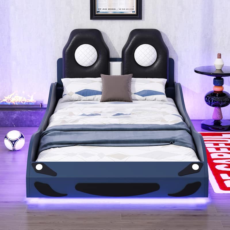 Blue Twin Size Race Car Platform Bed with LED Backrest