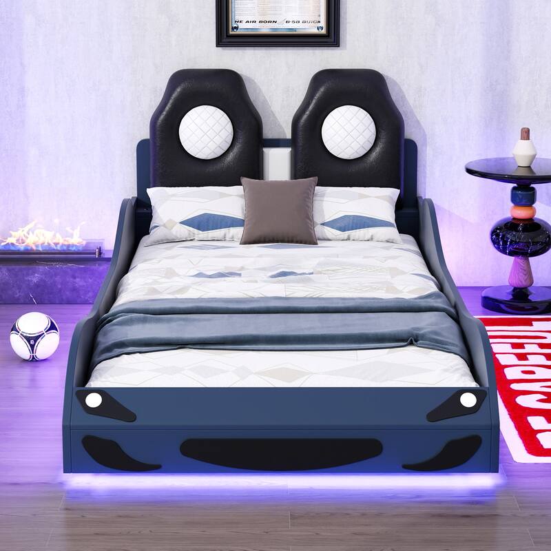 Wood Twin Size Race Car-Shaped Platform Bed With Led And Upholstered Backrest