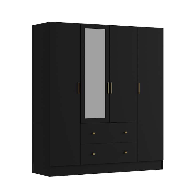 Wardrobe Armoire Wooden Closet with Mirror Storage Cubes Hanging Rod