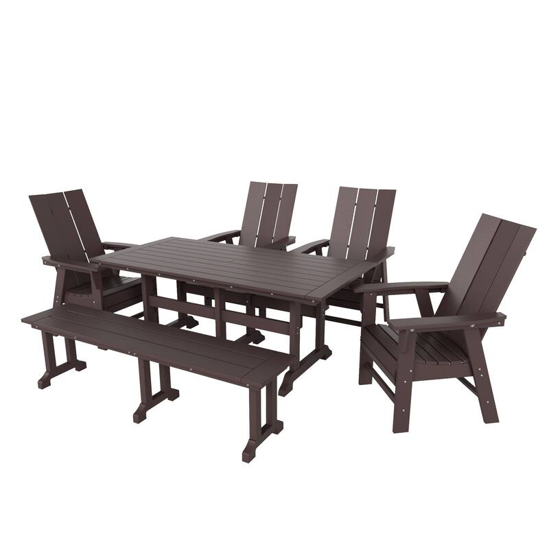 Shoreside 6-Piece Rectangular Poly Eco-Friendly All Weather Outdoor Dining Set with Bench - Dark Brown