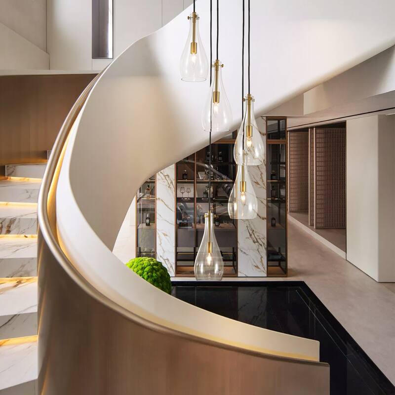 5-Light Modern Black Cluster Raindrop Clear Glass Chandelier for Kitchen Island, Staircase, Hallwya