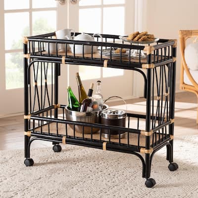 Dalinda Modern Bohemian Two-Tone Black and Natural Brown Rattan 2-Tier Kitchen Cart