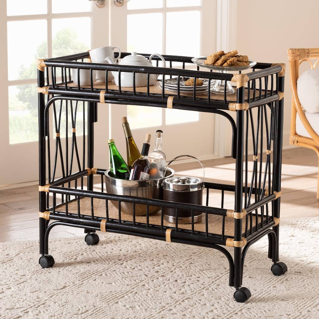 Dalinda Modern Bohemian Two-Tone Black and Natural Brown Rattan 2-Tier Kitchen Cart