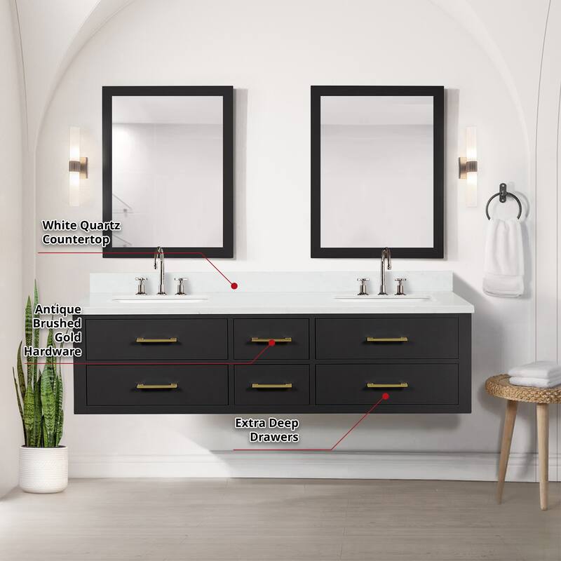 Castor 60 in W x 22 in D Black Double Bath Vanity, White Quartz Top, Faucet Set, and 28 in Mirrors