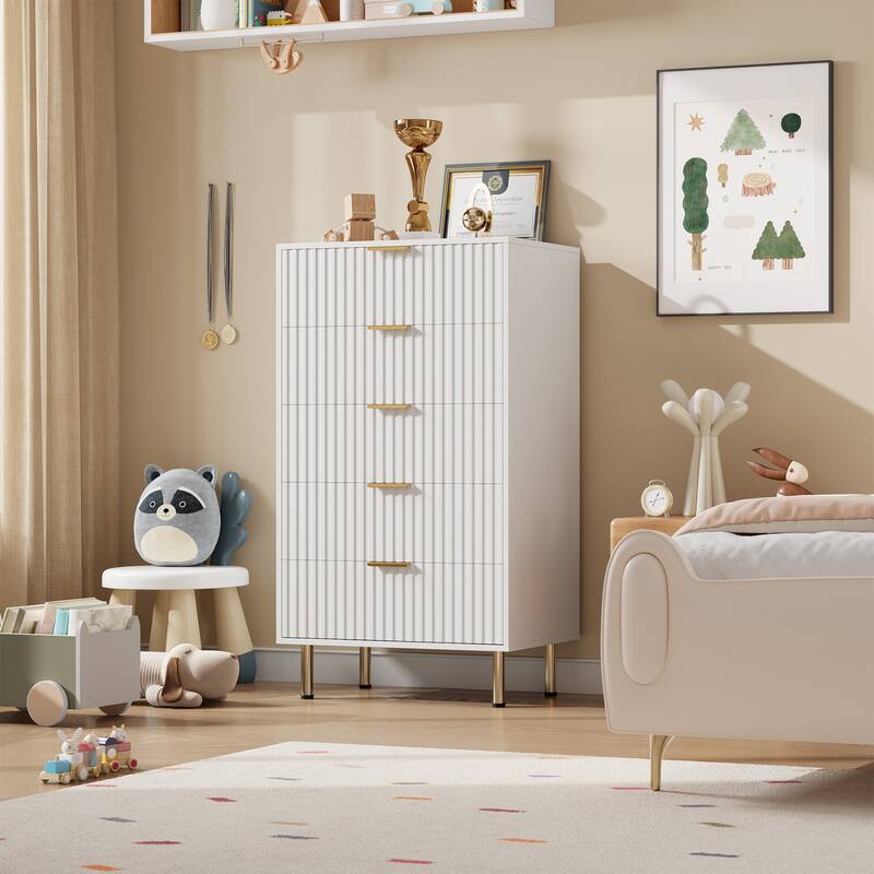 Fluted 5 Drawer Storage Dresser, Tall Modern Chest with Ample Deep Drawers and Wide Top