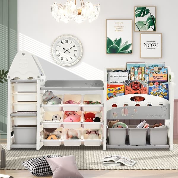 slide 2 of 18, Kids Toy Storage Organizer w/17 Bins and 4 Bookshelves, Furniture Set Grey
