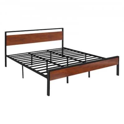 King Size Platform Bed Frame with Steel Frame and Vintage Brown Headboard Under Bed Storage