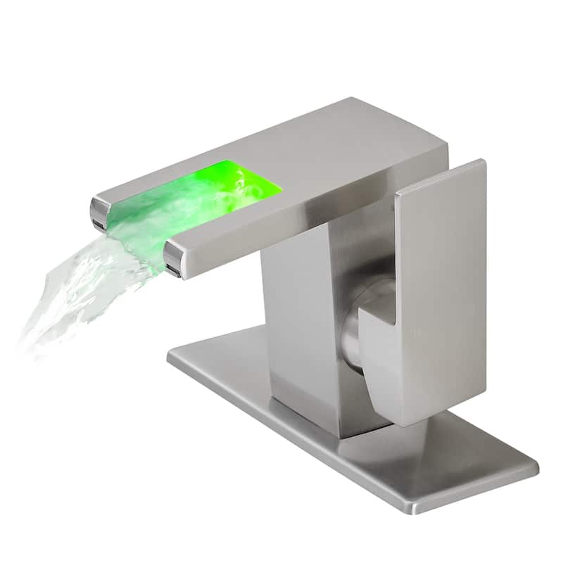 Bathroom Sink Faucet LED Light 3 Colors Changing Waterfall Glass Spout Hot Cold Water Mixer Single Handle One Hole