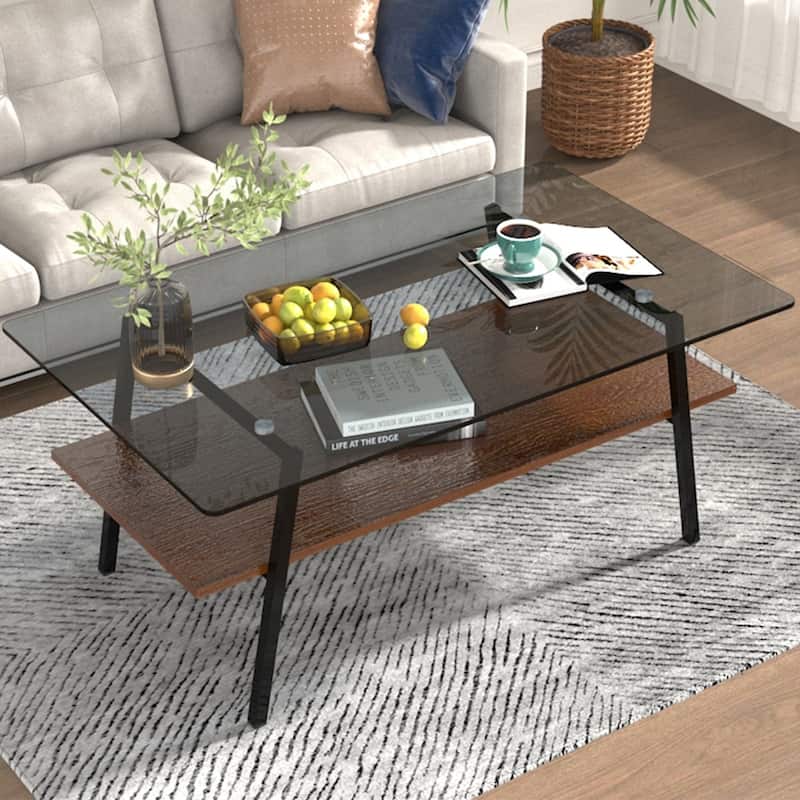 38.58" Tempered Glass Tabletop Rectangle Coffee Table with Metal Legs
