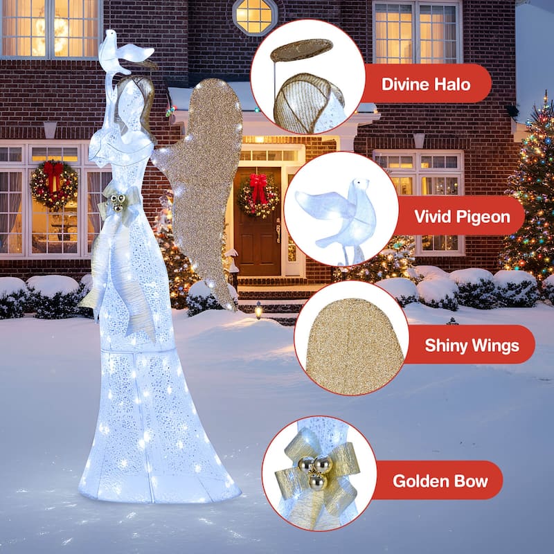 Costway 3D Lighted Angel Christmas Decoration with Pigeon, Golden - as pic shows - See Details