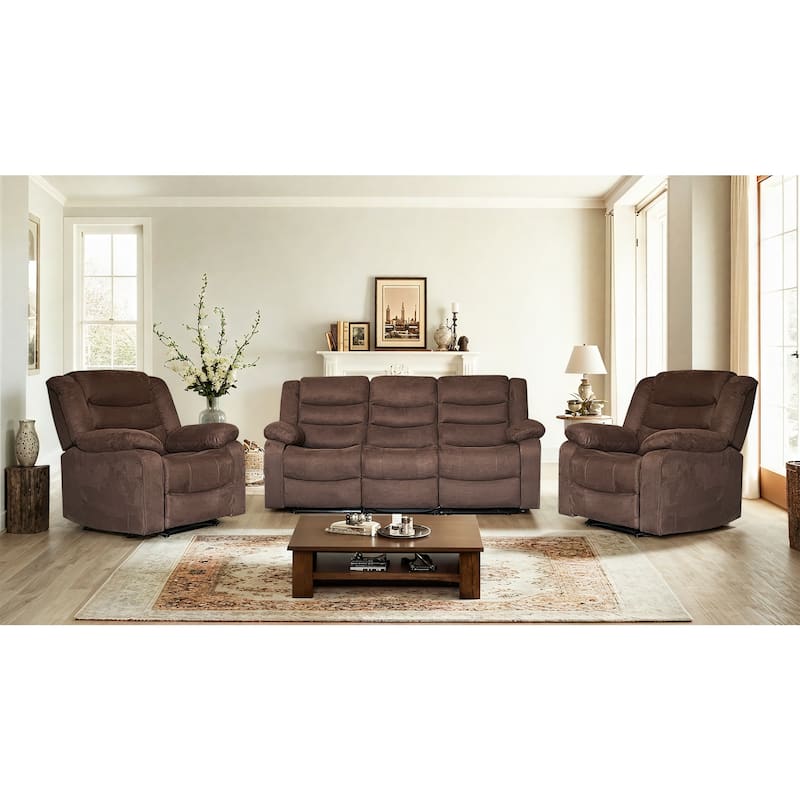 Modern 3-Piece Manual Reclining Living Room Sofa Set with Dropdown Table and Console - Recliner+Recliner+Sofa - Brown