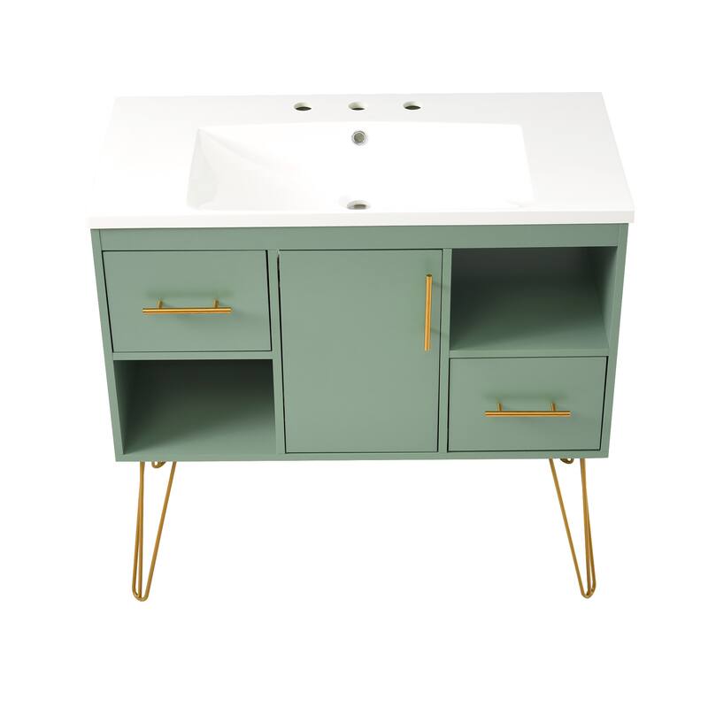 Freestanding Green Storage Cabinet for Bathroom Vanity with Resin Sink, 2 Drawers, 2 Storage Compartments and Gold Handles