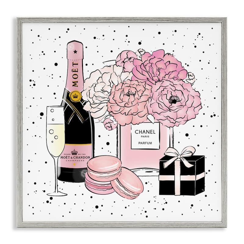 Stupell Pink Glam Celebration Fashion Dessert Champagne Framed Wall Art, 12x12 - 12 x 12 - Grey