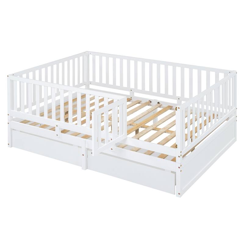 Full Size Wood Daybed with Fence Guardrails and 2 Drawers, Convertible to Floor Bed & Daybed, White