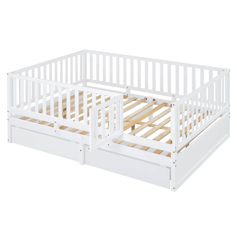 Sturdy Floor Bed with Fence Guardrails and 2 Drawers