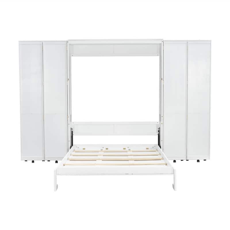 Queen Size Murphy Bed Wall Bed with Storage Doors, Foldable Space Saving Murphy Cabinet Bed with Storage Shelves