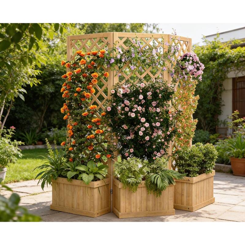 65IN Tall Wood Planter, Wooden Privacy Screens Garden Beds , with Trellis - 3-Panels