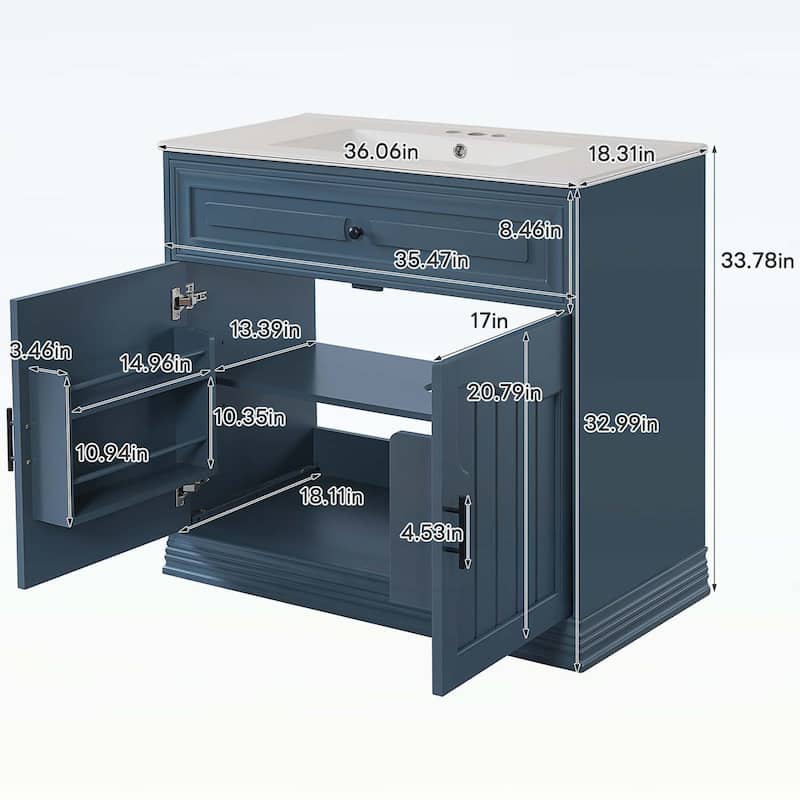36 Inch Bathroom Vanity with Ceramic Sink,Soft Closing Doors,and Wood Frame for Elegant Storage