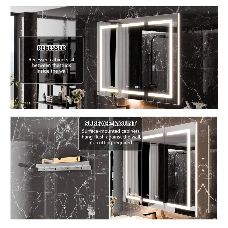 36'' H Recessed or Surface Mounted Bathroom LED Mirror Cabinet With Defogger, Dimmer, 10x magnifying