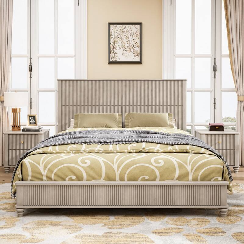 Solid Wood Bed Frame,King Platform Bed Frame with Headboard,Tall Headboard Natural Wood Bed ,No Box Spring Needed