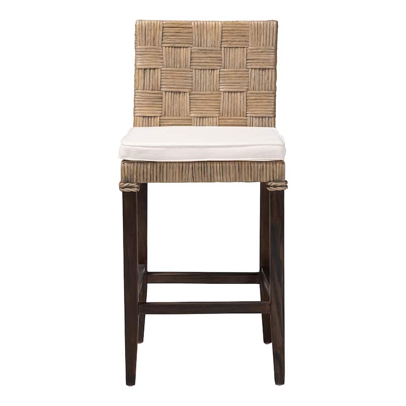 Fatima Natural Rattan Counter Stool with Cushion - Handwoven Wicker Stool with Basketweave Back and Seat, Coastal Boho Seating