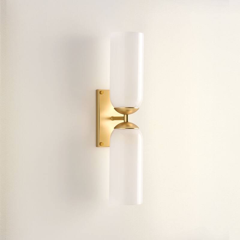 Glass Double Wall Sconce - Metal, Glass Matte Black, Ivory 2-Light Sconce for Bathroom or Entryway in Modern, Mid-Century Style