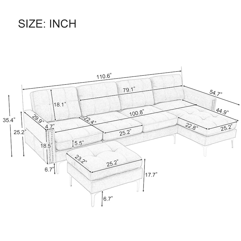 110.6" L Shaped Convertible Sectional Sofa Couch with Movable Ottoman