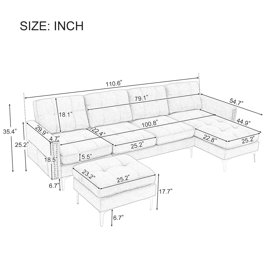 L Shaped Convertible Sectional Sofa with Ottoman, Velvet Fabric 5 Seater Sofa, Upholstered Sofa with Chaise & Storage Pockets