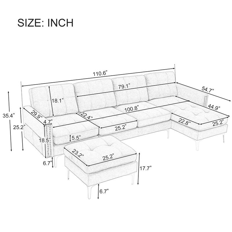 Roomfitters L-Shape Convertible Sectional Sofa with Movable Ottoman for Living Room Apartment Office