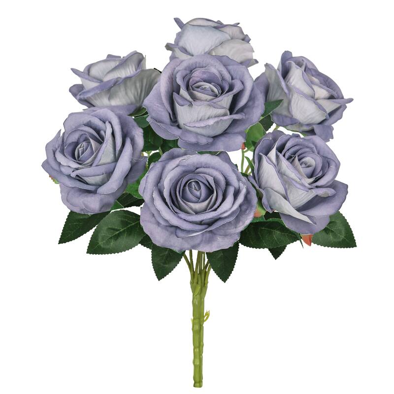 Set of 2 Grey Blue Artificial Velvet Rose Flower Stem Bush Bouquet 16in - 16" L x 11" W x 11" DP