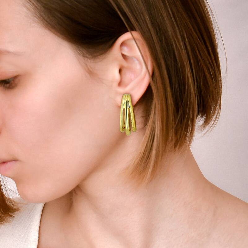 Miadora 33mm Triple Row Satin Polished Finish Square Hoop Earrings in 14K Yellow Gold