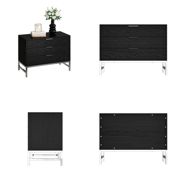 dimension image slide 1 of 2, 31.5 Inch Wide Nightstand with 3 Drawers Black Wooden Bedside Table
