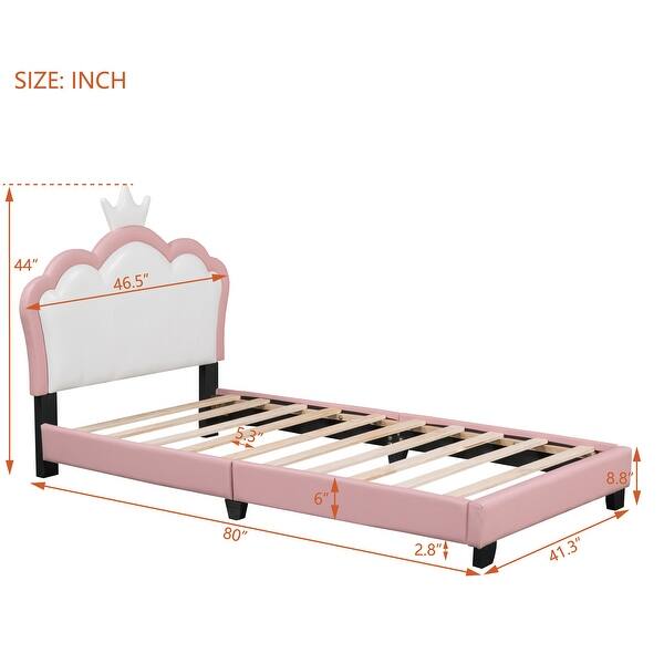 dimension image slide 1 of 2, Twin Size Crown Headboard Princess Bed, White+Pink