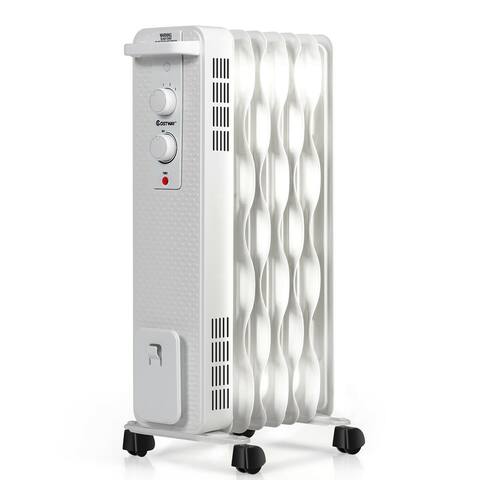 1500 W Oil-Filled Heater Portable Radiator Space Heater with Adjustable Thermostat-White - 13.5" x 6" x 25"