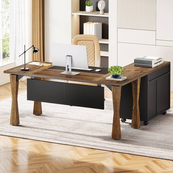 Rustic Wood L Shaped Executive Desk with File Cabinet Drawers - Bed ...