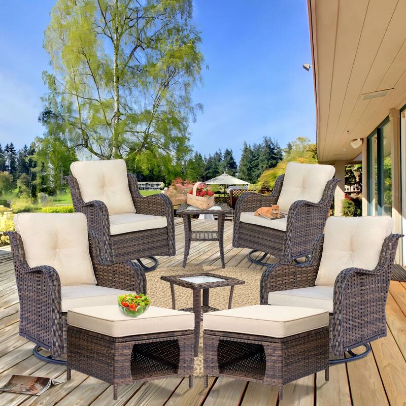 8 Pieces Patio Furniture Sets with Swivel Chairs and Storage Ottoman - Beige Cushion-Brown Wicker