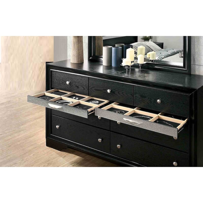 Black Finish Contemporary Bedroom Furniture Set with Hidden Jewelry Drawers