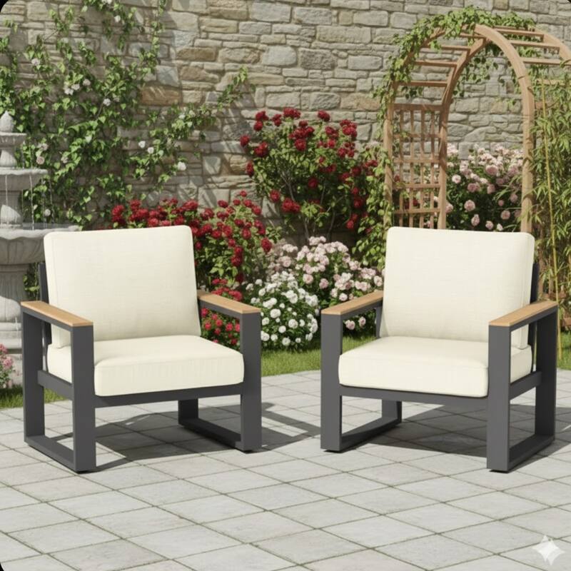 Set of 2 26.6" Aluminum Patio Armchairs with Thick Beige Cushions