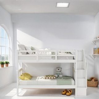 Stairway Twin Over Twin Bunk Bed with Storage and Guard Rail, White ...