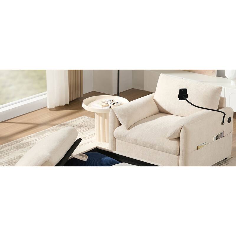 Roomfitters 37" Single Sofa with Storage Ottoman, Chenille Armchair with Phone Holder and Charging Ports, Lounge Chair