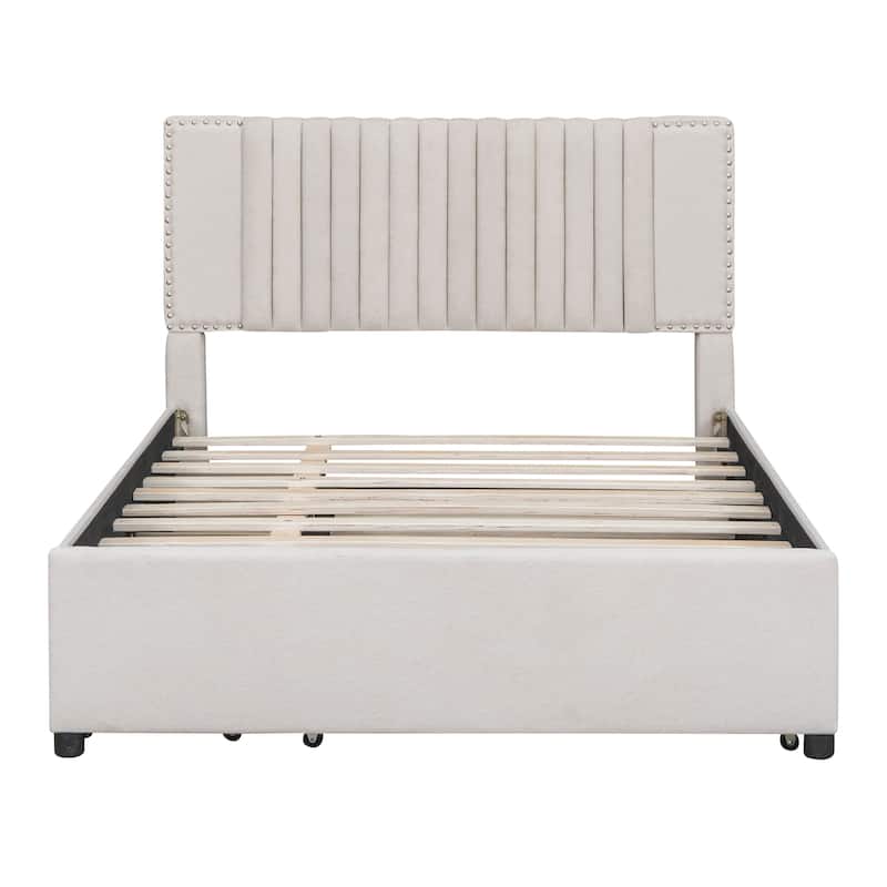 Full Linen Platform Bed with Drawers & Trundle