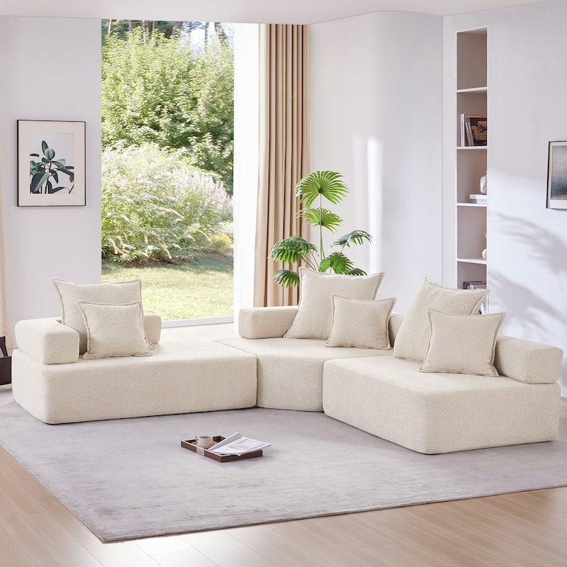 Roomfitters Modular L-Shaped Sectional Sofa with 3-Piece Boucle Set, Foam-Filled Convertible Floor Couch, Beige - Beige