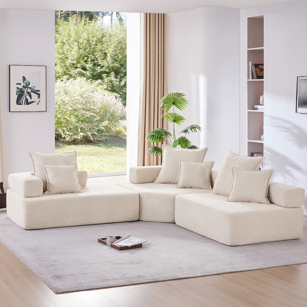 Roomfitters Modular L-Shaped Sectional Sofa with 3-Piece Boucle Set, Foam-Filled Convertible Floor Couch, Beige
