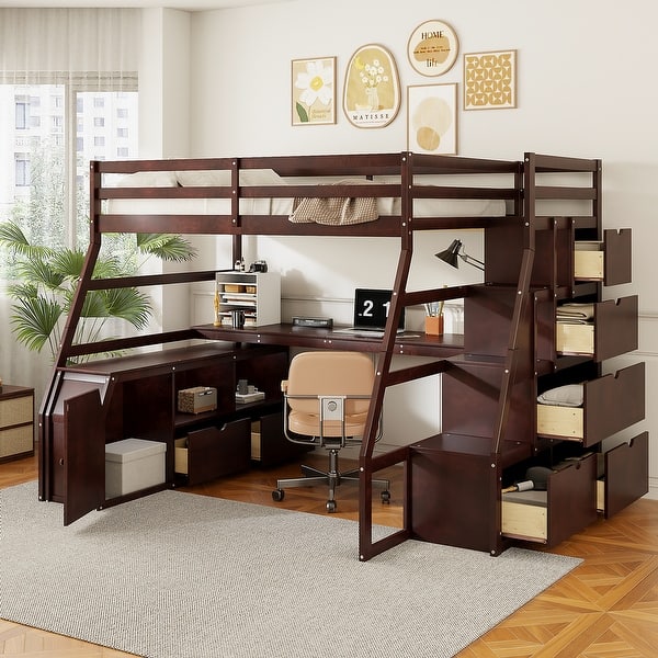 slide 2 of 16, Full Size Loft Bed with 7-Drawers, 2-Shelves, Desk, and Playhouse Design - Sturdy Pine Wood Frame with Espresso Finish for Kids Espresso