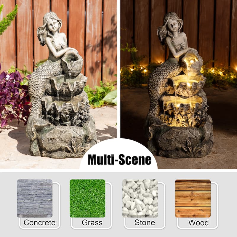 Glitzhome 22"H 4-Tiered LED Lighted Mermaid Fairy Polyresin Outdoor Floor Statue Fountains