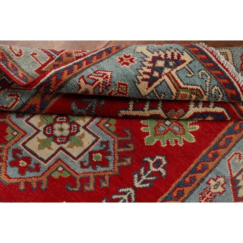 Geometric Red Kazak Accent Rug Hand-Knotted Wool Carpet - 3'2" x 4'11"