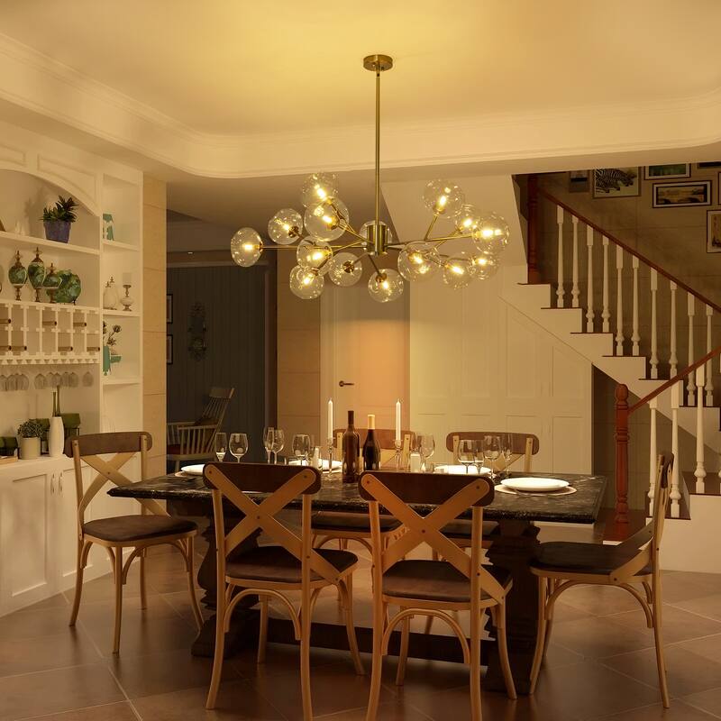 15-Light Concave Glass Globe Chandelier - Modern Brass Molecular Ceiling Light for Living Room - 15 Light