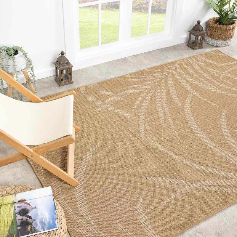 Abani Rugs Patio PAT120A Outdoor Tropical Leaf Cream Beige Area Rug